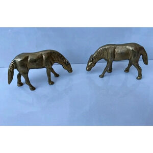 Vintage 2 Solid Brass Equestrian Horse Pair Grazing Figurines Statue Home Decor